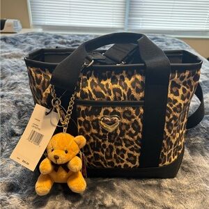 Leopard Print Tote Bag with Heart Accent and Bear Charm - Black/Brown